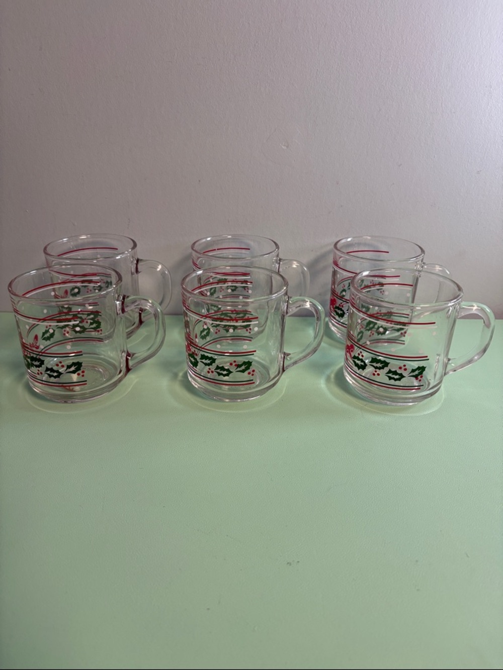 Vintage KIG Indonesia Christmas Mugs Set of 6, Christmas Bow and Holly Pattern